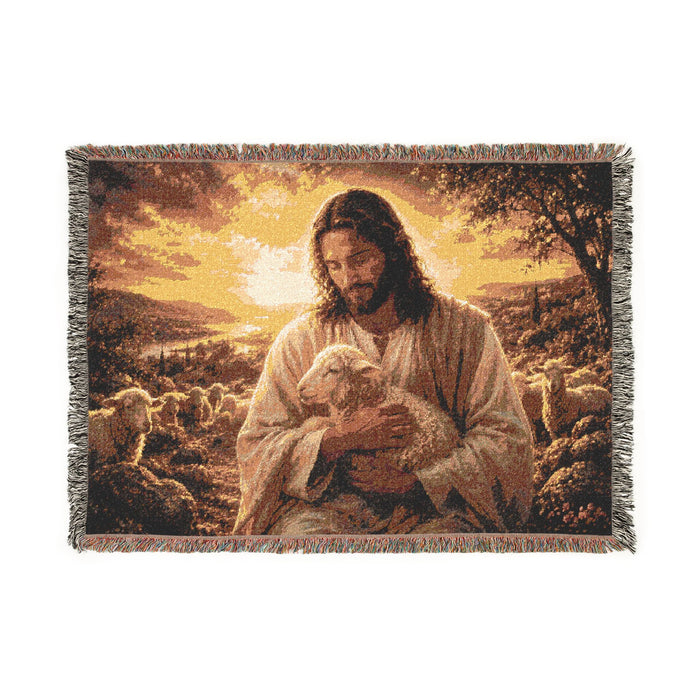 Jesus with Lamb Woven Blanket | Christian Religious Throw, Shepherd Artwork
