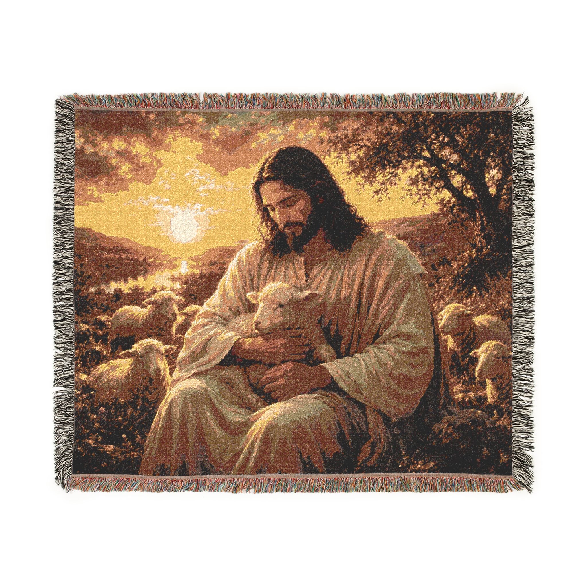 Jesus with Lamb Woven Blanket | Christian Religious Throw, Shepherd Artwork