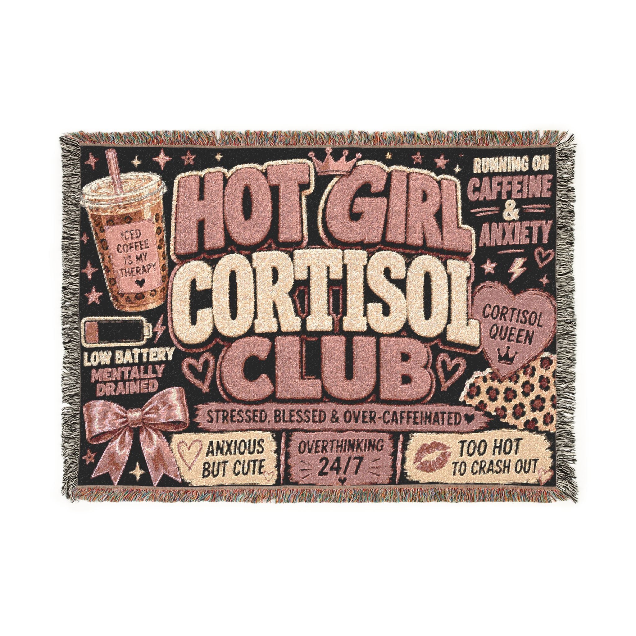 Hot Girl Cortisol Club Blanket Funny Anxiety Gift, Mental Health Woven Throw, Coquette Girl Decor